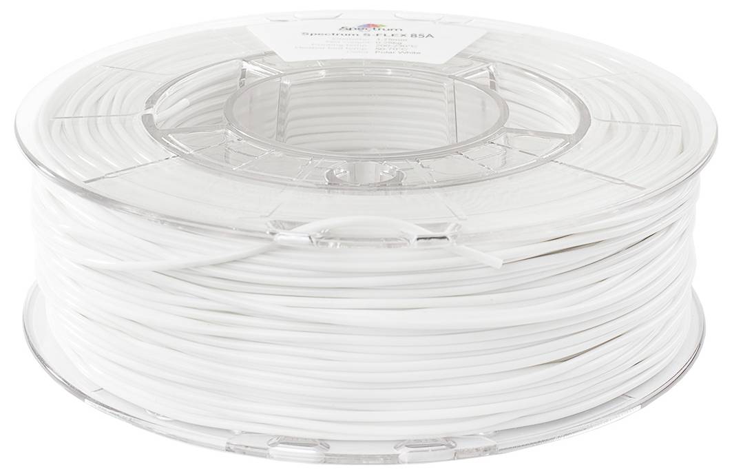 Eine Spule weißen 3D-Druckfilaments, ordentlich in einer transparenten Plastikverpackung gewickelt, die ihre glatte und gleichmäßige Textur zur Schau stellt.