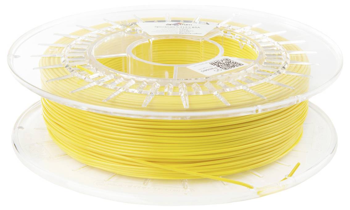 Eine Spule gelben 3D-Druckfilaments mit einer transparenten Kunststoffummantelung, die eine haltbare, sorgfältig gewickelte Spule zeigt, bereit zur Verwendung.