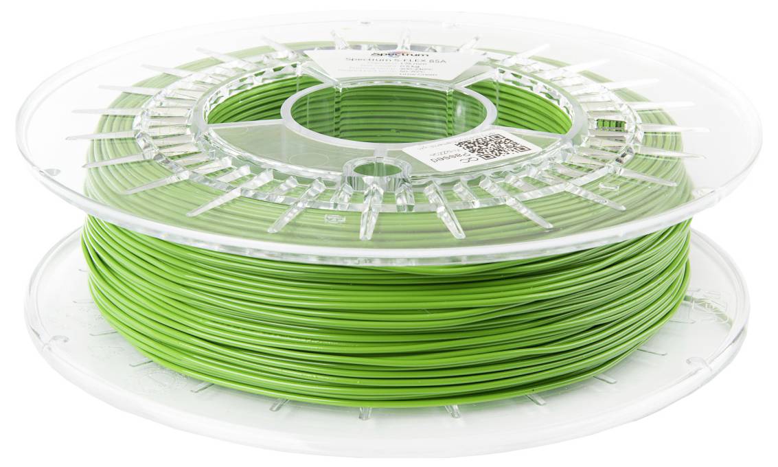 Eine durchsichtige Spule grünes 3D-Druckfilament, sauber aufgewickelt und einsatzbereit.