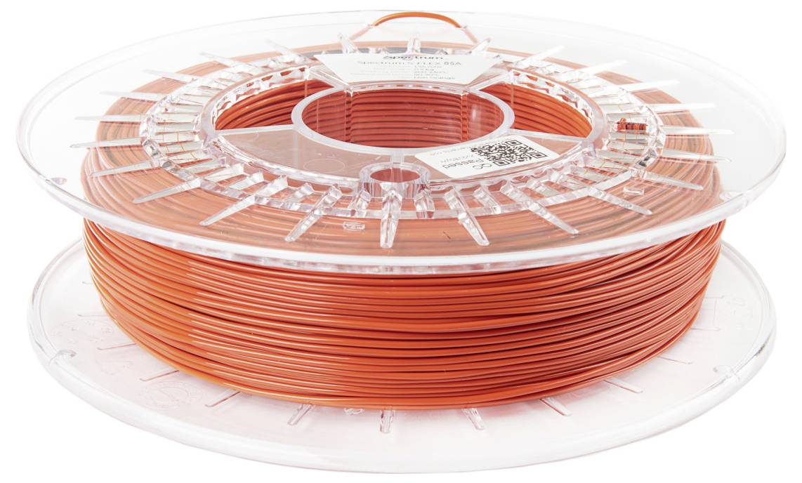 Eine Spule orangefarbenes 3D-Druckfilament, ordentlich aufgewickelt und für den Einsatz in 3D-Druckern konzipiert. Transparente Kunststoffspule zur besseren Sichtbarkeit des Materialverbrauchs.