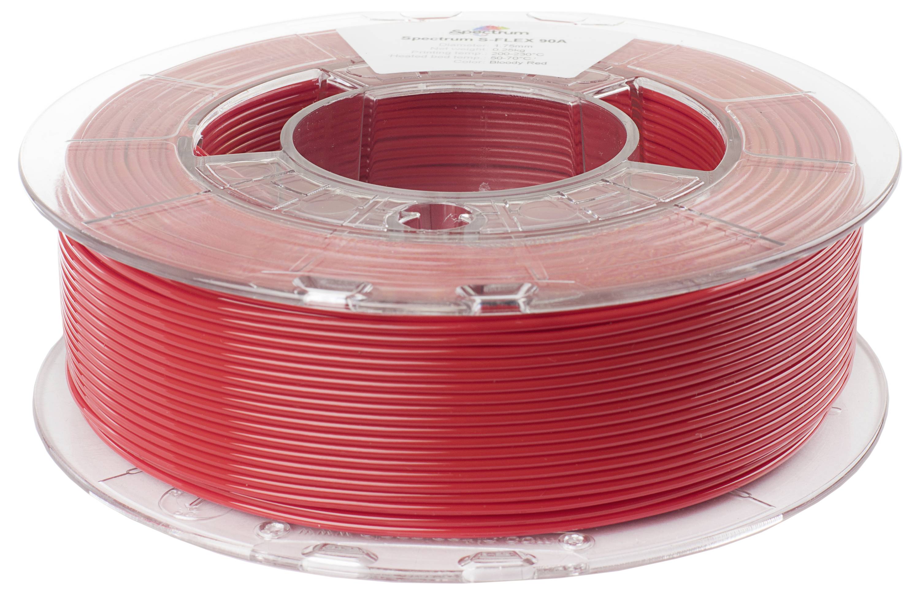 Eine Spule roten 3D-Druckerfilaments, ordentlich aufgewickelt und bereit für 3D-Druckprojekte.