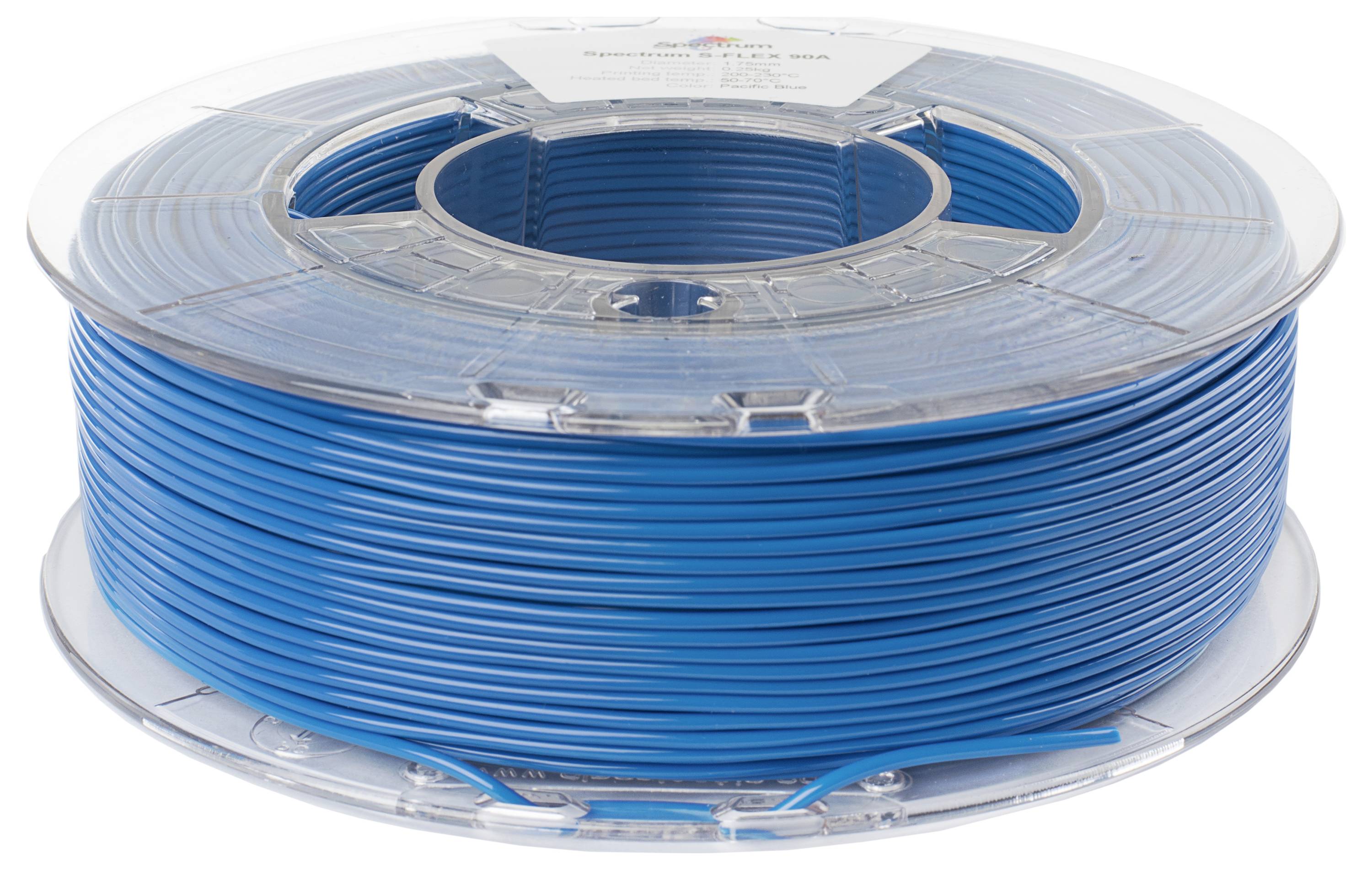 Eine Spule blaues 3D-Druckerfilament, ordentlich aufgewickelt auf einer durchsichtigen Kunststoffspule, von der Seite betrachtet, bereit zur Verwendung im 3D-Druck.