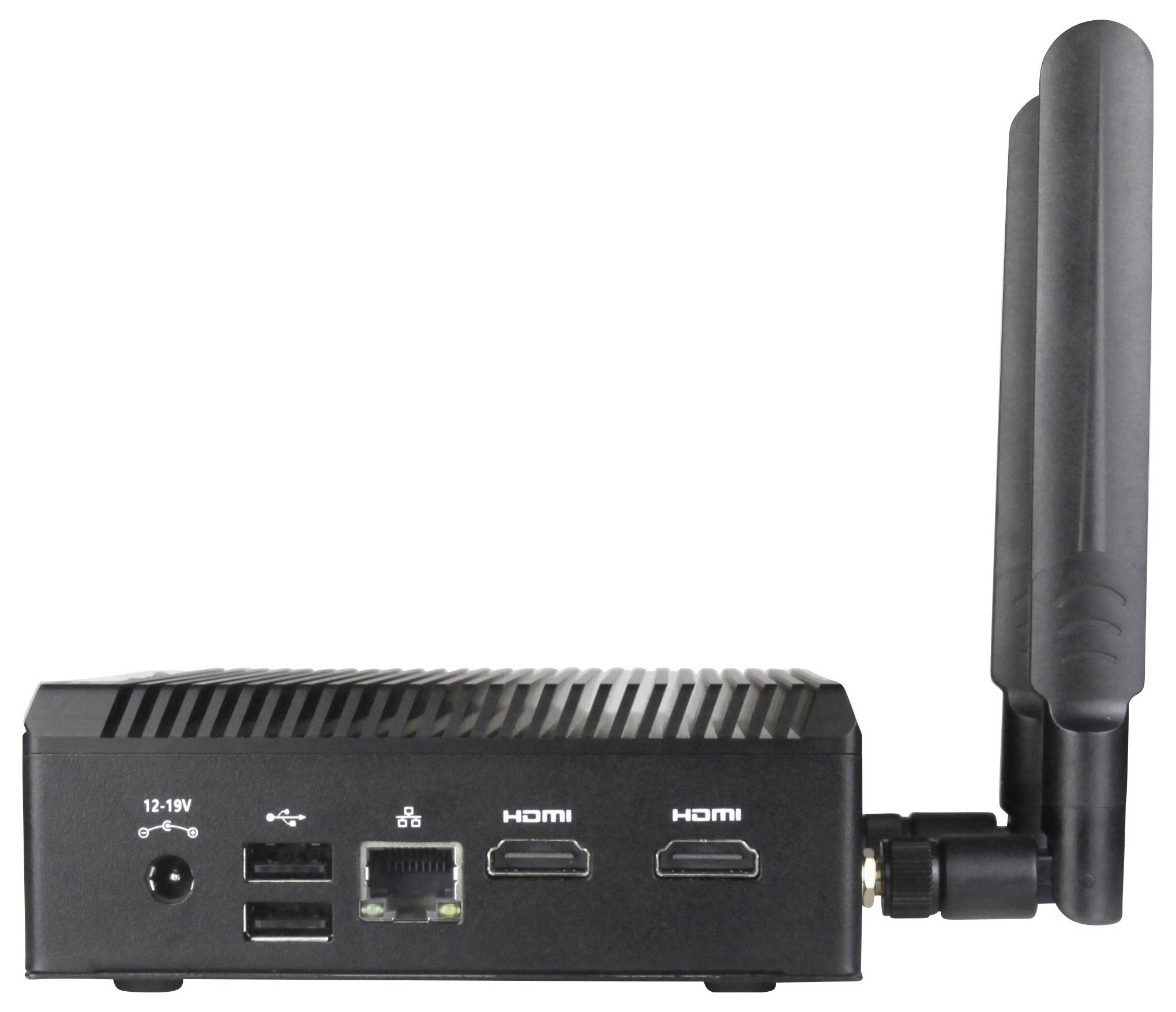 Ein schwarzes elektronisches Gerät mit zwei Antennen, das Stromanschluss, USB-Ports, Ethernet und zwei HDMI-Anschlüsse aufweist, wahrscheinlich für Medien- oder Netzwerkanwendungen.