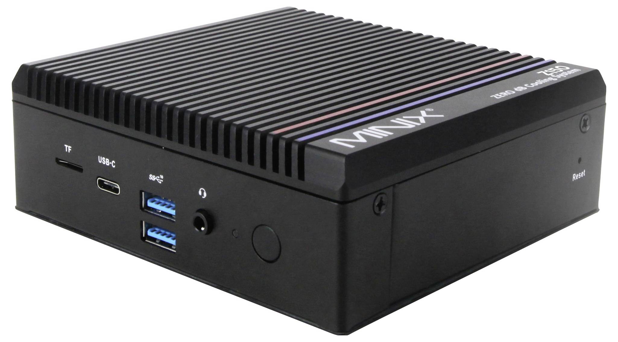 Ein kompakter schwarzer Mini-Computer mit gerippter Oberseite zur Kühlung, ausgestattet mit USB-Anschlüssen, einem Audioeingang und einem Einschaltknopf an der Vorderseite.