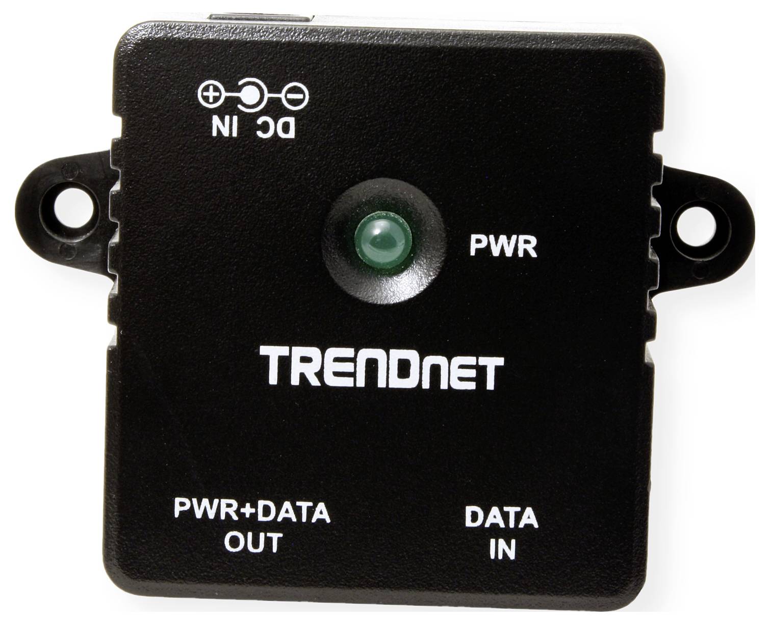 TRENDnet PoE-Splitter, Draufsicht, zeigt DC-Stromeingang, Daten-Eingangsport und Stromanzeigelampe
