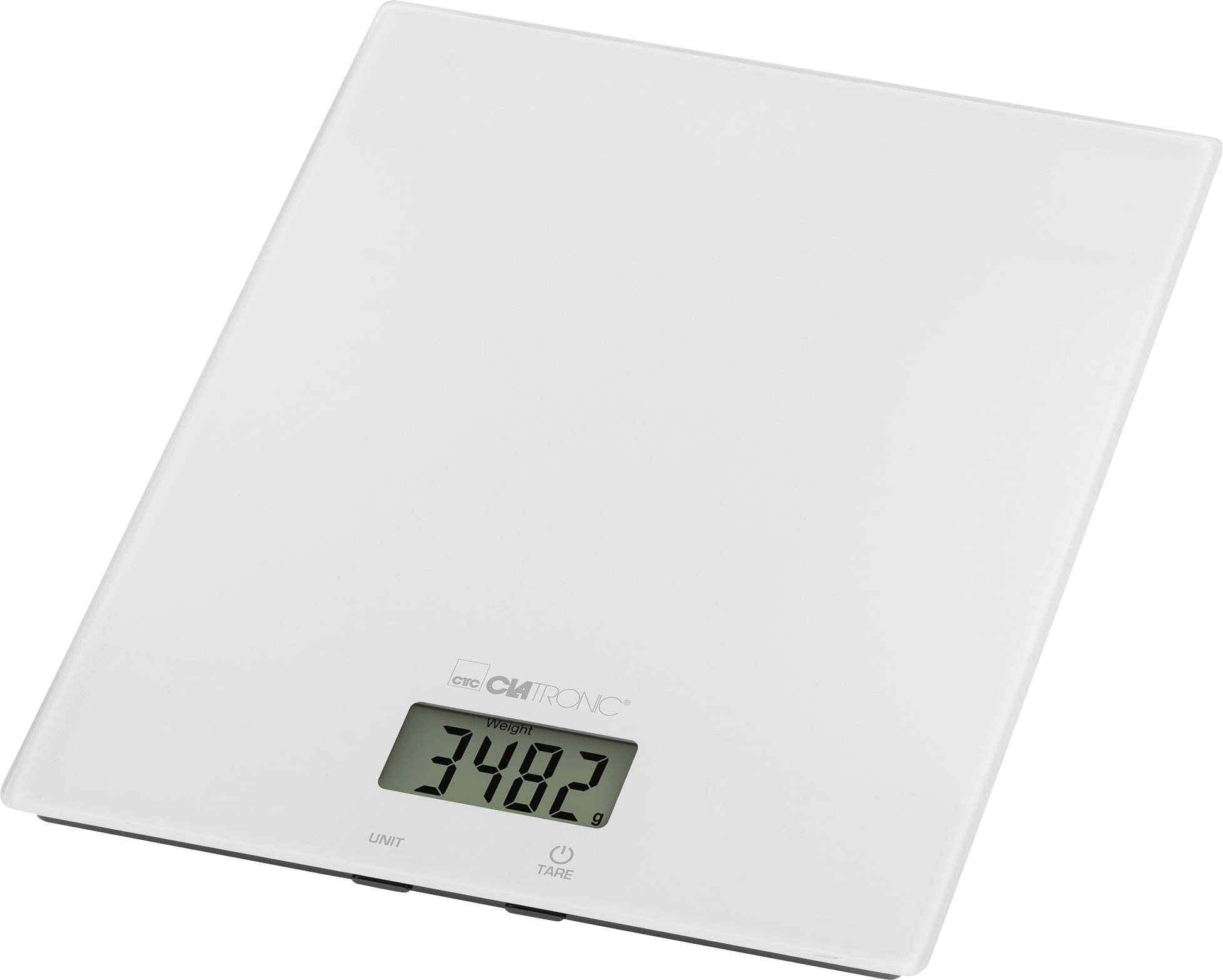 Eine weiße digitale Küchenwaage, die auf ihrem Display ein Gewicht von 348,2 Gramm anzeigt und unten mit 'Einheit'- und 'Tara'-Tasten versehen ist.