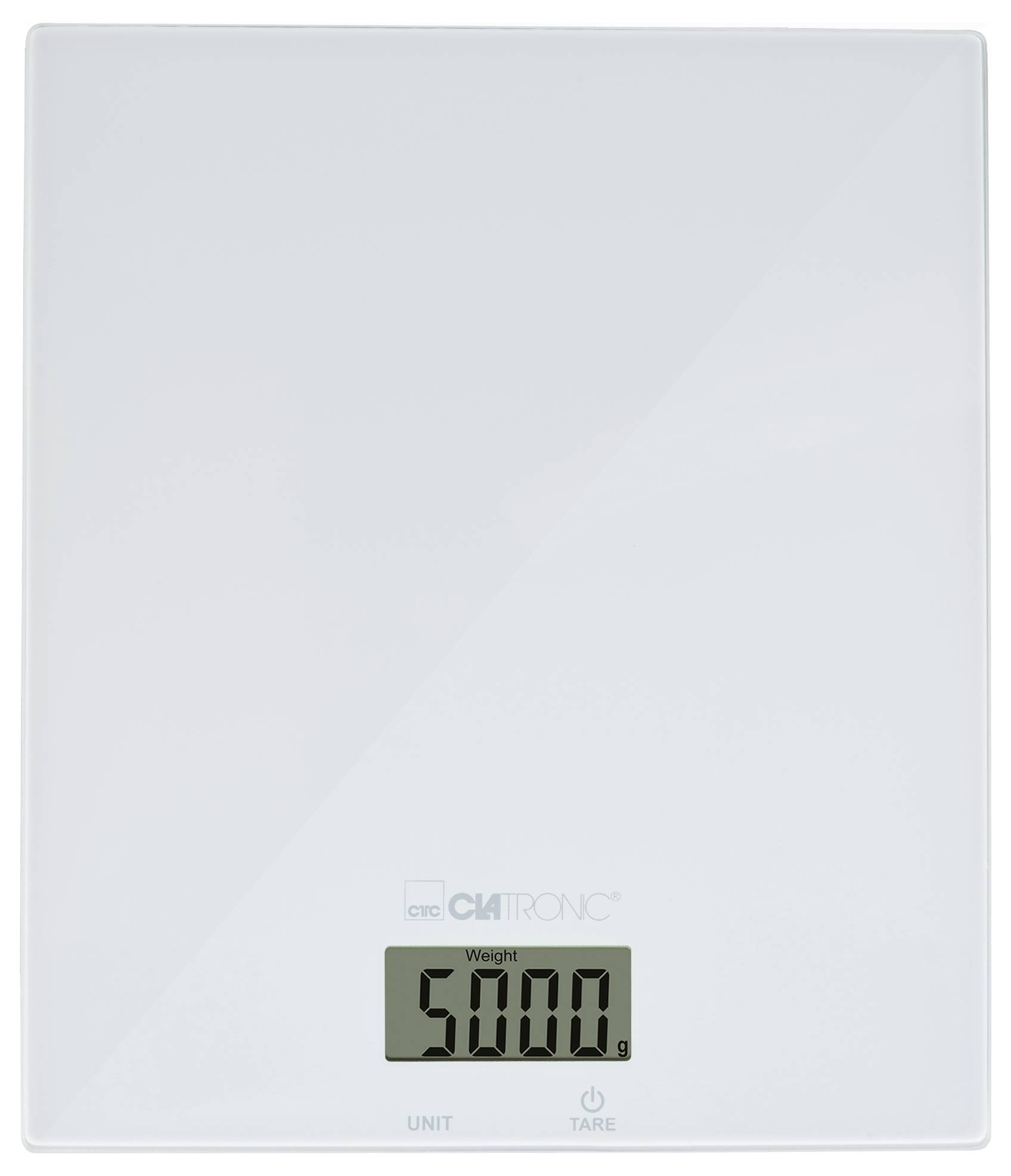 Eine digitale Küchenwaage zeigt '5000 g' auf ihrem Display, was eine Gewichtsmessung anzeigt.