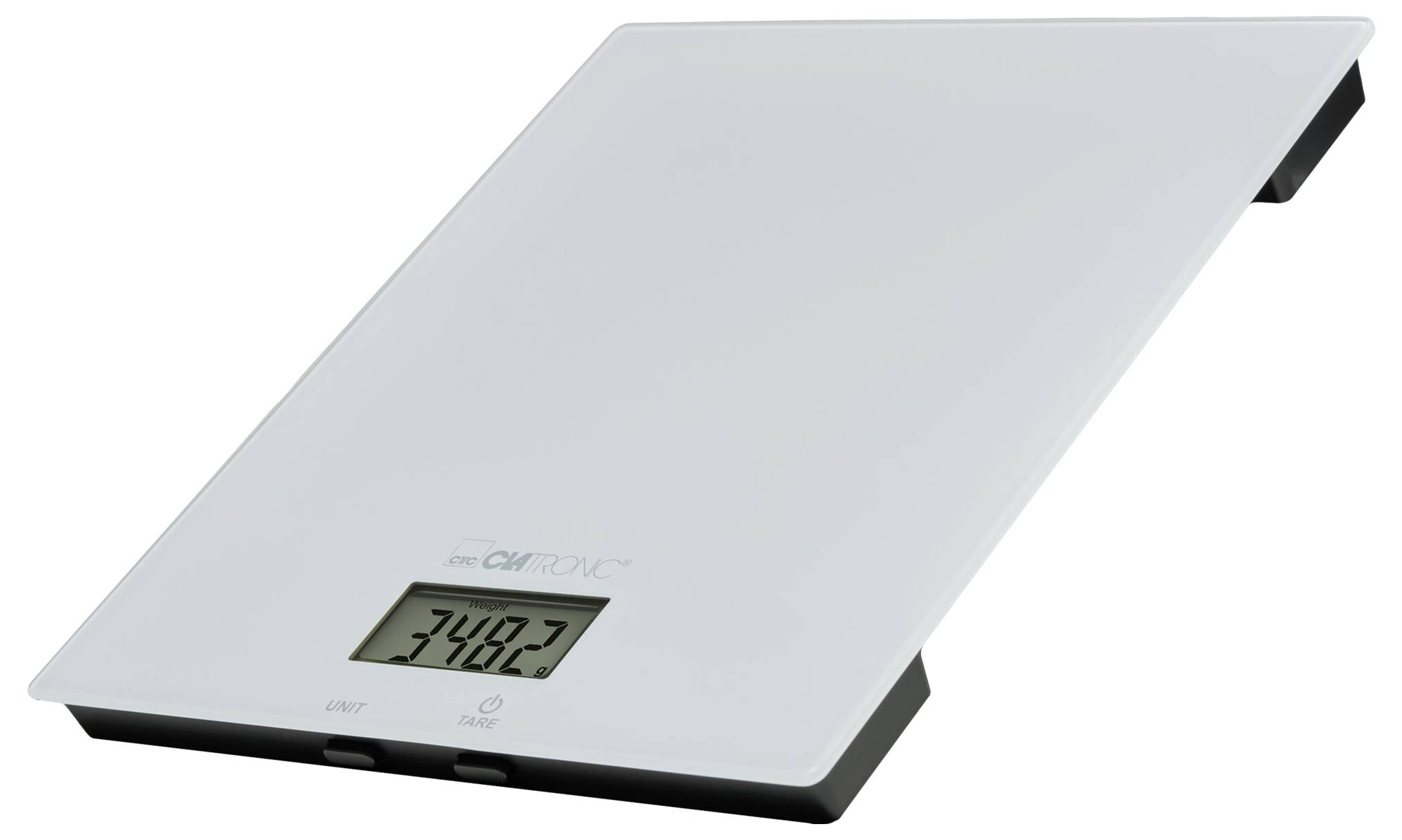 Eine digitale Küchenwaage, die ein Gewicht von '348,7' Gramm anzeigt. Die Waage hat ein schlankes, flaches Design und einen klaren digitalen Bildschirm.