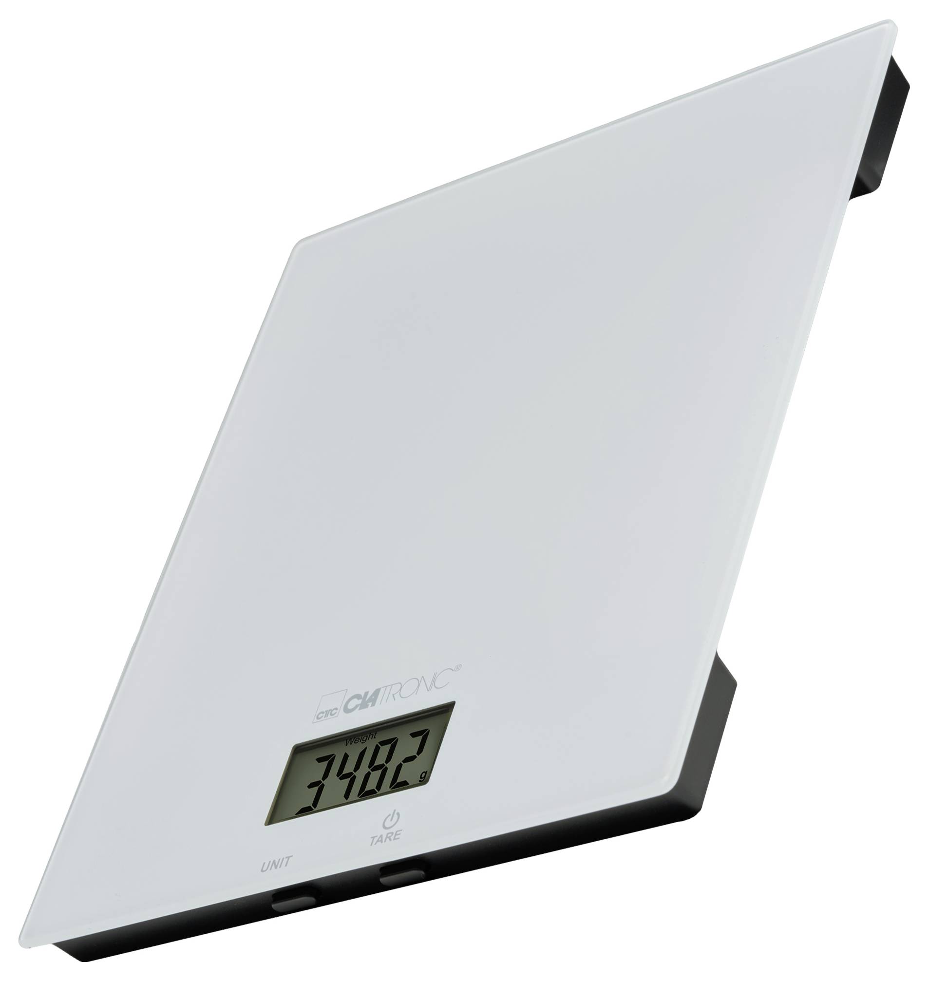 Eine schlanke digitale Küchenwaage mit Glasplattform zeigt eine Gewichtsanzeige von 348,2 Gramm auf ihrem LCD-Bildschirm.