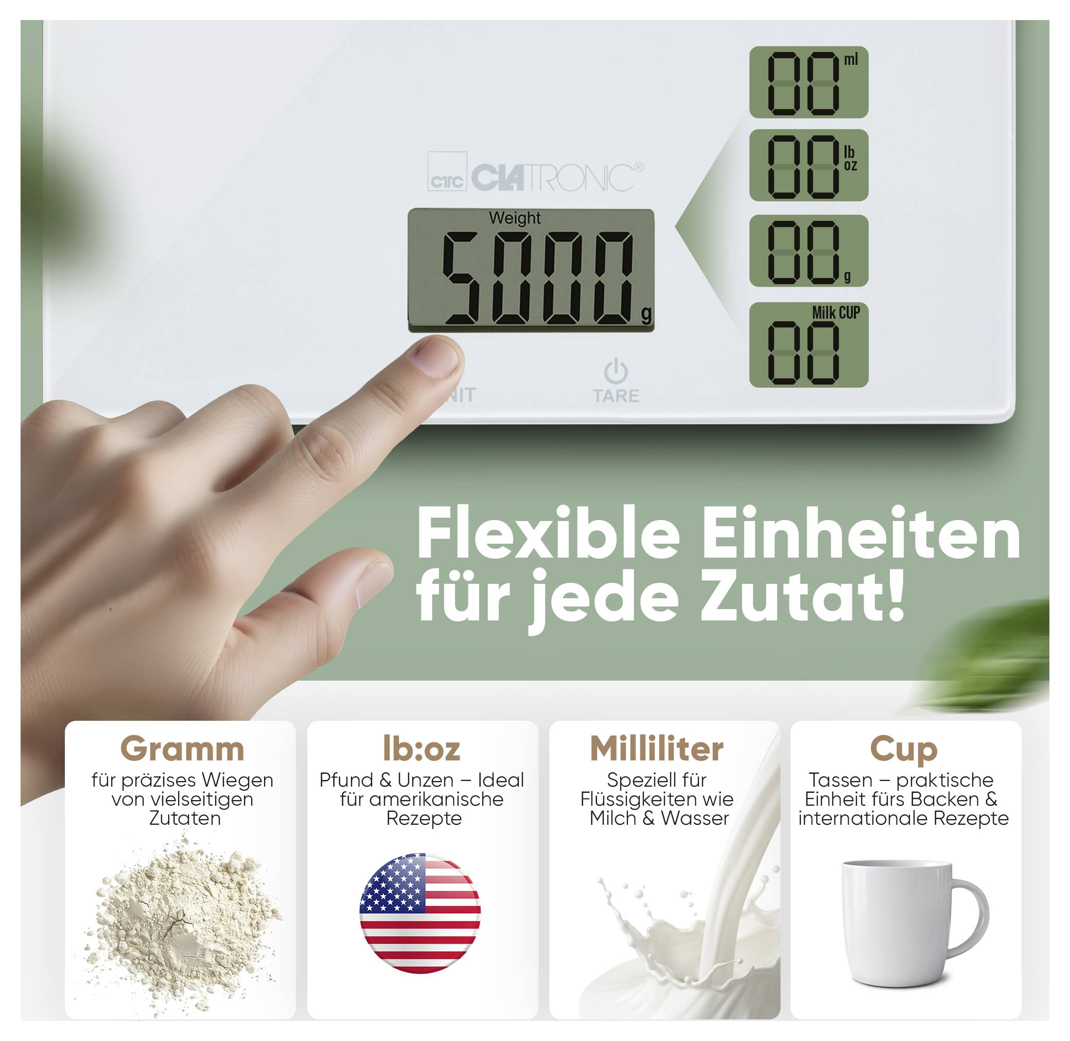 Digitale Küchenwaage-Anzeige zeigt '5000,0g'. Hand drückt einen Knopf. Text auf Deutsch: 'Flexible Einheiten für jede Zutat!' mit Einheitenoptionen.