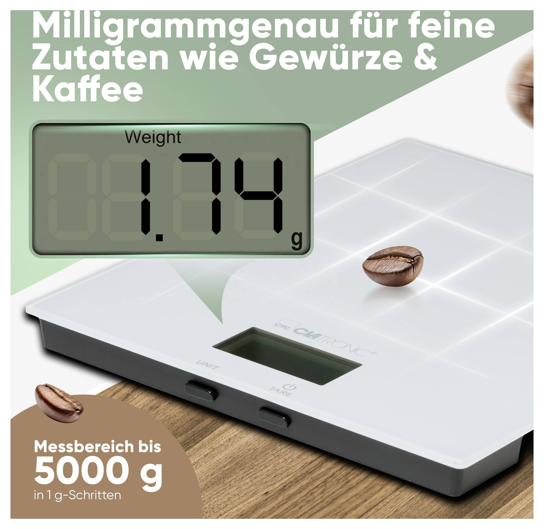 Eine digitale Küchenwaage zeigt '1,74 g'. Der Text auf Deutsch bewirbt ihre Präzision für Gewürze und Kaffee, mit einer Kapazität von bis zu 5000 g.