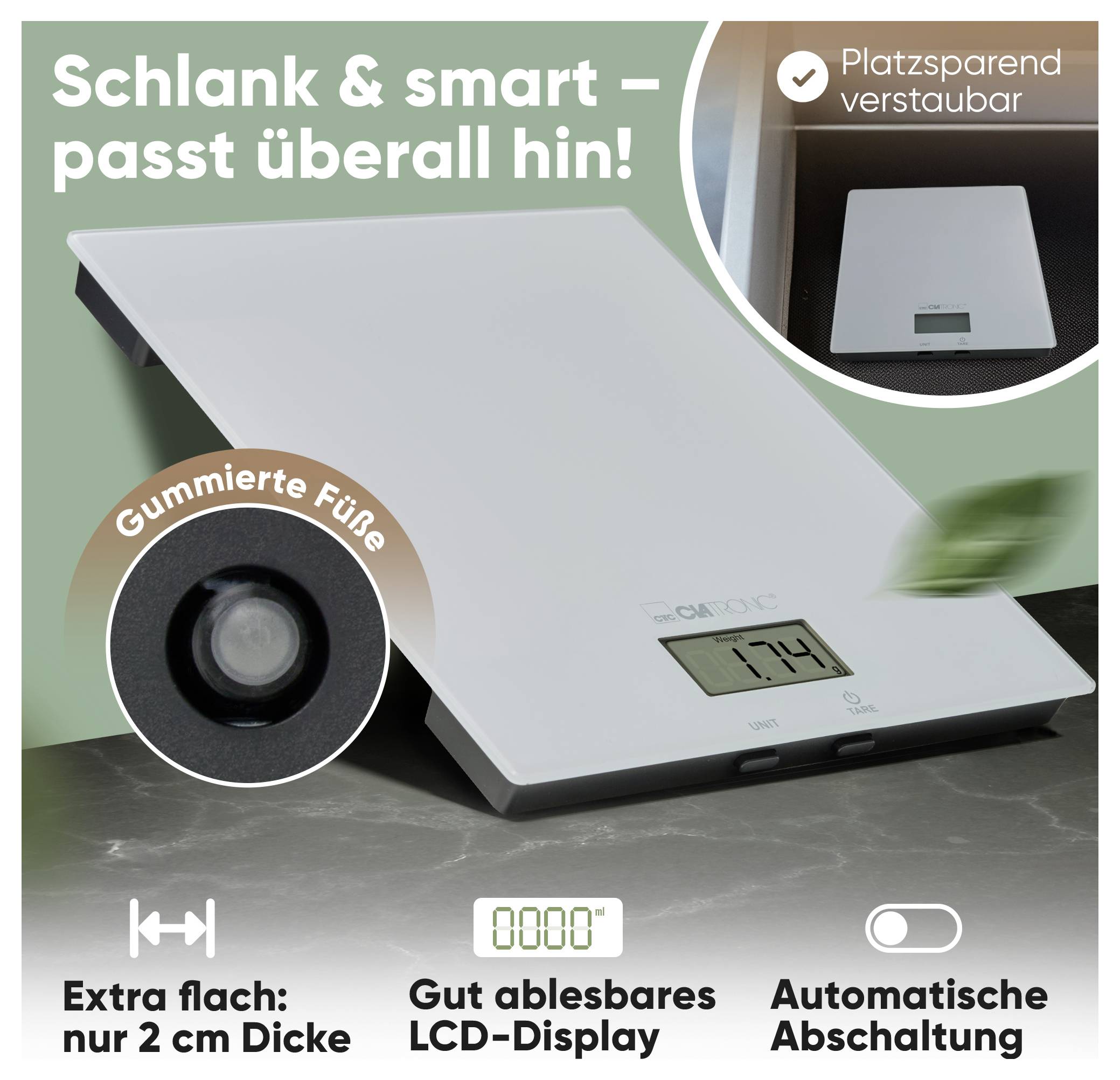 Eine digitale Küchenwaage mit LCD-Display zeigt '1714'. Sie verfügt über Gummifüße und wird als schlank, leicht zu verstauen und mit automatischer Abschaltfunktion beworben.