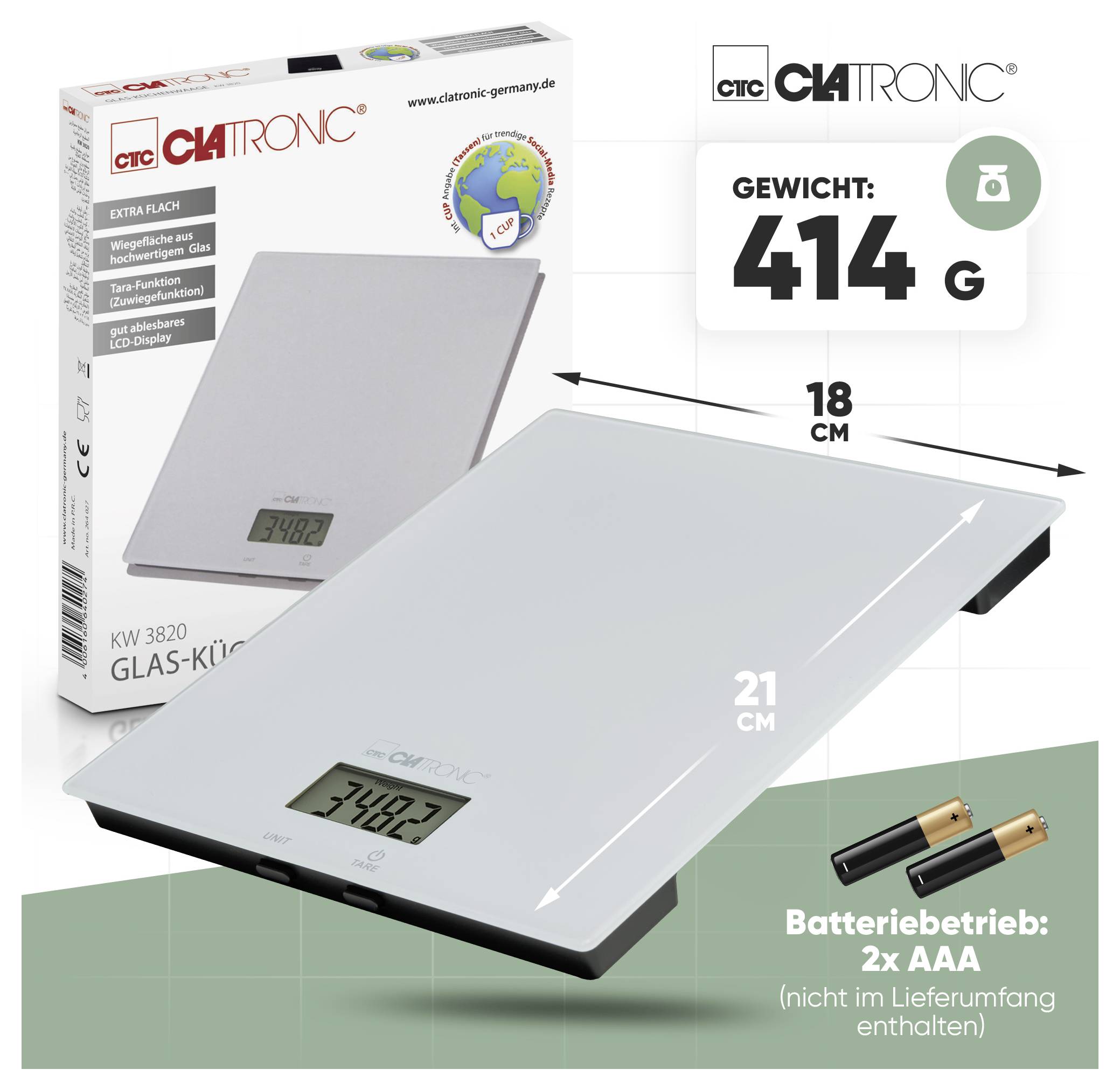 Eine weiße digitale Küchenwaage mit 'Gewicht: 414 g'. Eigenschaften: LCD-Display, extraflaches Design. Batteriebetrieb: 2x AAA (nicht im Lieferumfang enthalten).
