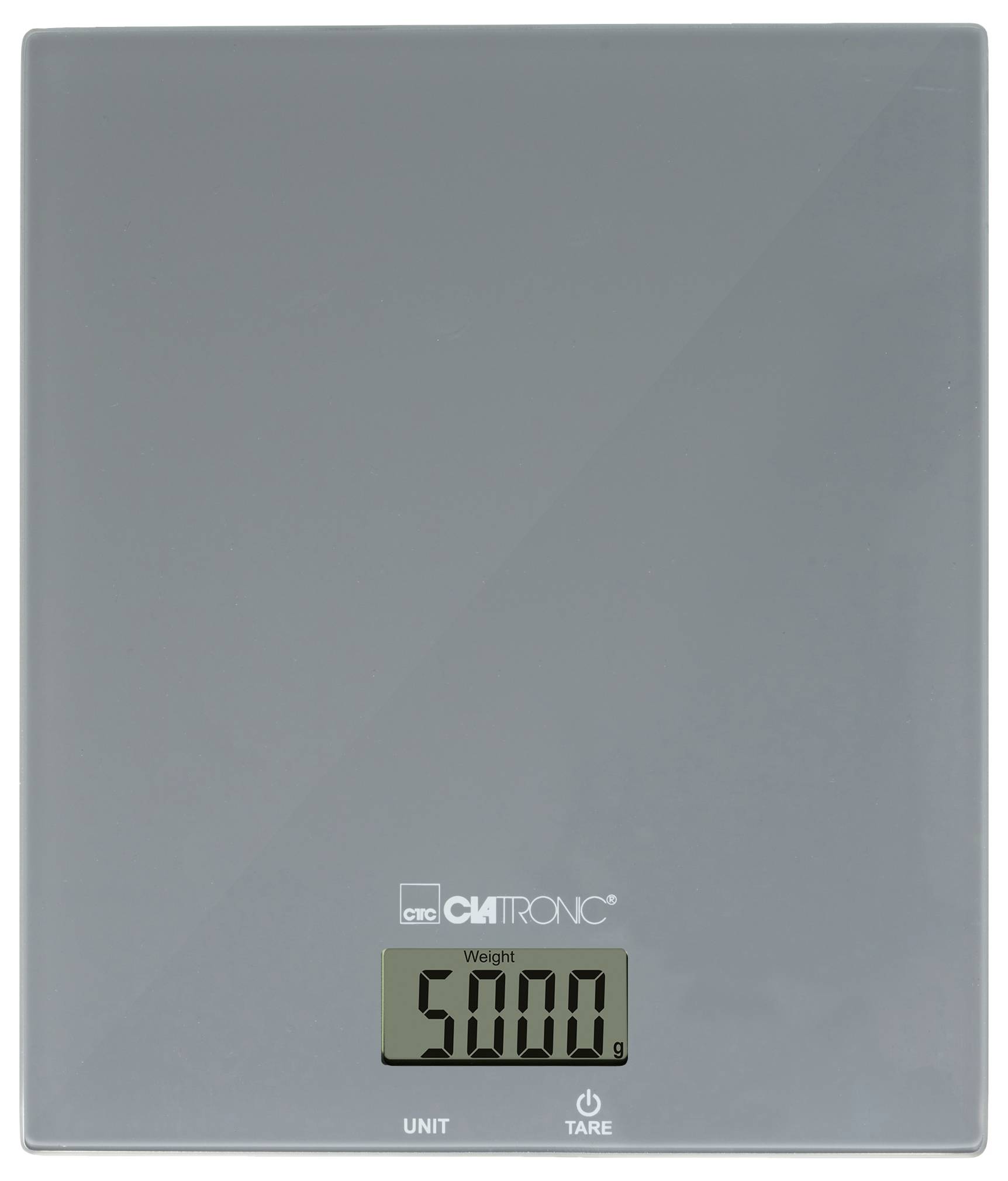 Eine digitale Küchenwaage mit der Anzeige '5000 g' auf dem Display, darunter Tasten mit den Beschriftungen 'Einheit' und 'Tara'.