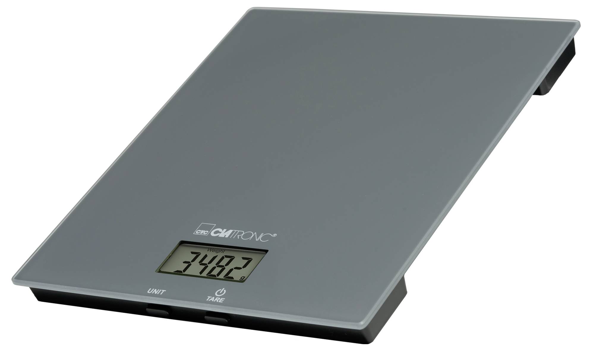 Eine digitale Küchenwaage, die '348,2' Gramm auf ihrem Display zeigt, mit einem schlichten, flachen Design und tastbaren Tasten für Einheiten- und Tara-Funktionen.