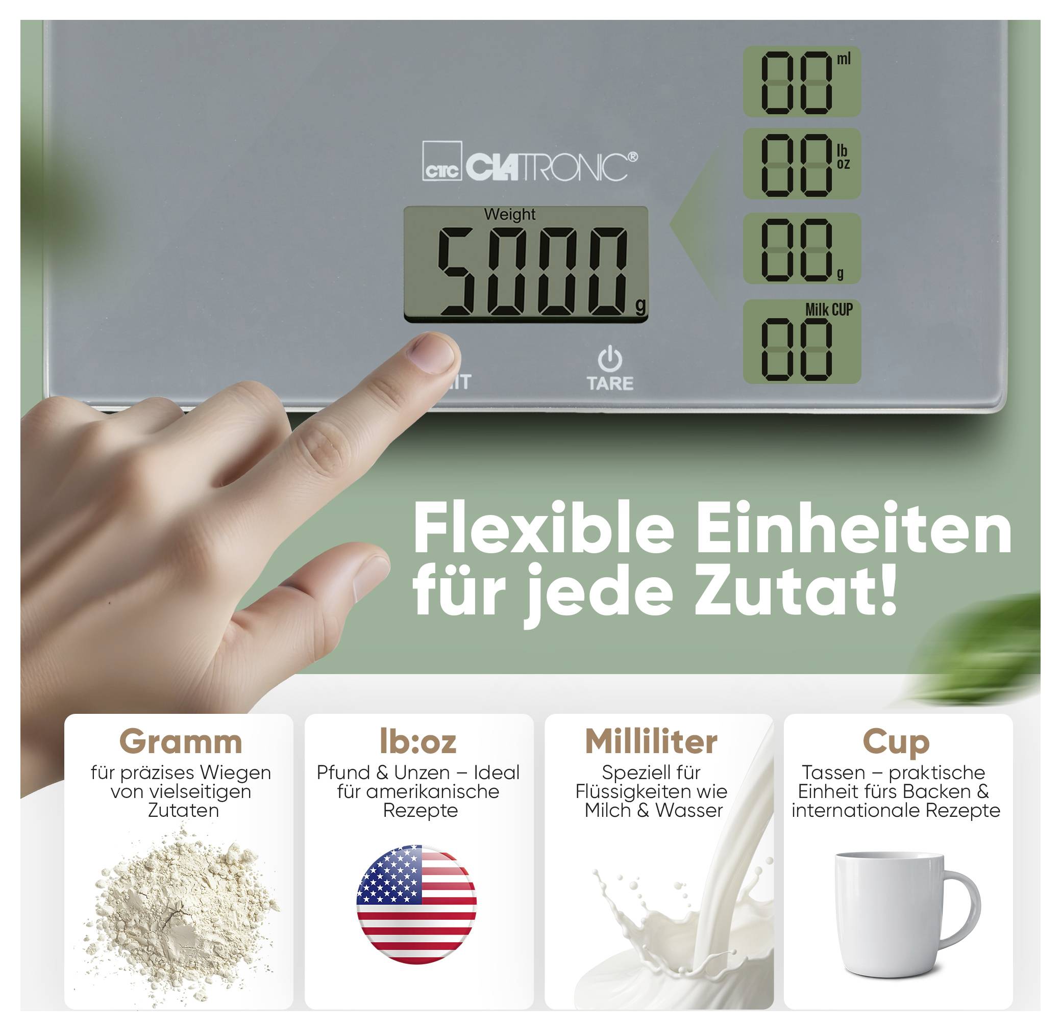 Digitale Küchenwaage zeigt '5.000 g'. Text: 'Flexible Einheiten für jede Zutat!'. Darunter Erklärungen für Gramm, lb:oz, Milliliter und Tassen-Einheiten.