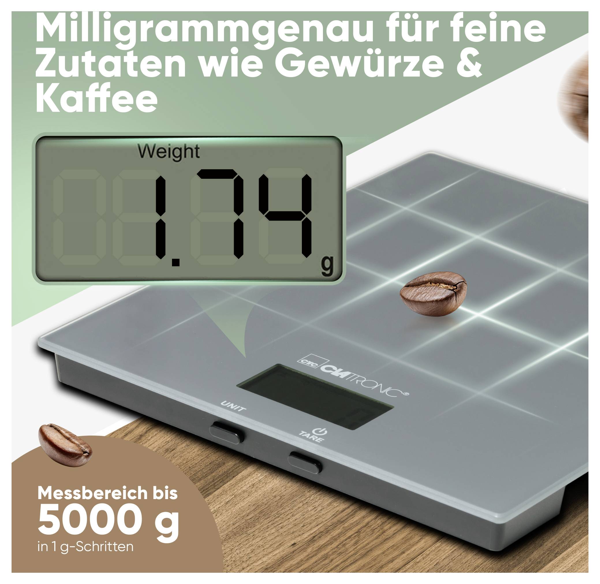 Digitale Küchenwaage mit Anzeige '1,74 g' für präzise Messung von Gewürzen und Kaffee. Messbereich bis zu 5000 g in 1-g-Schritten.