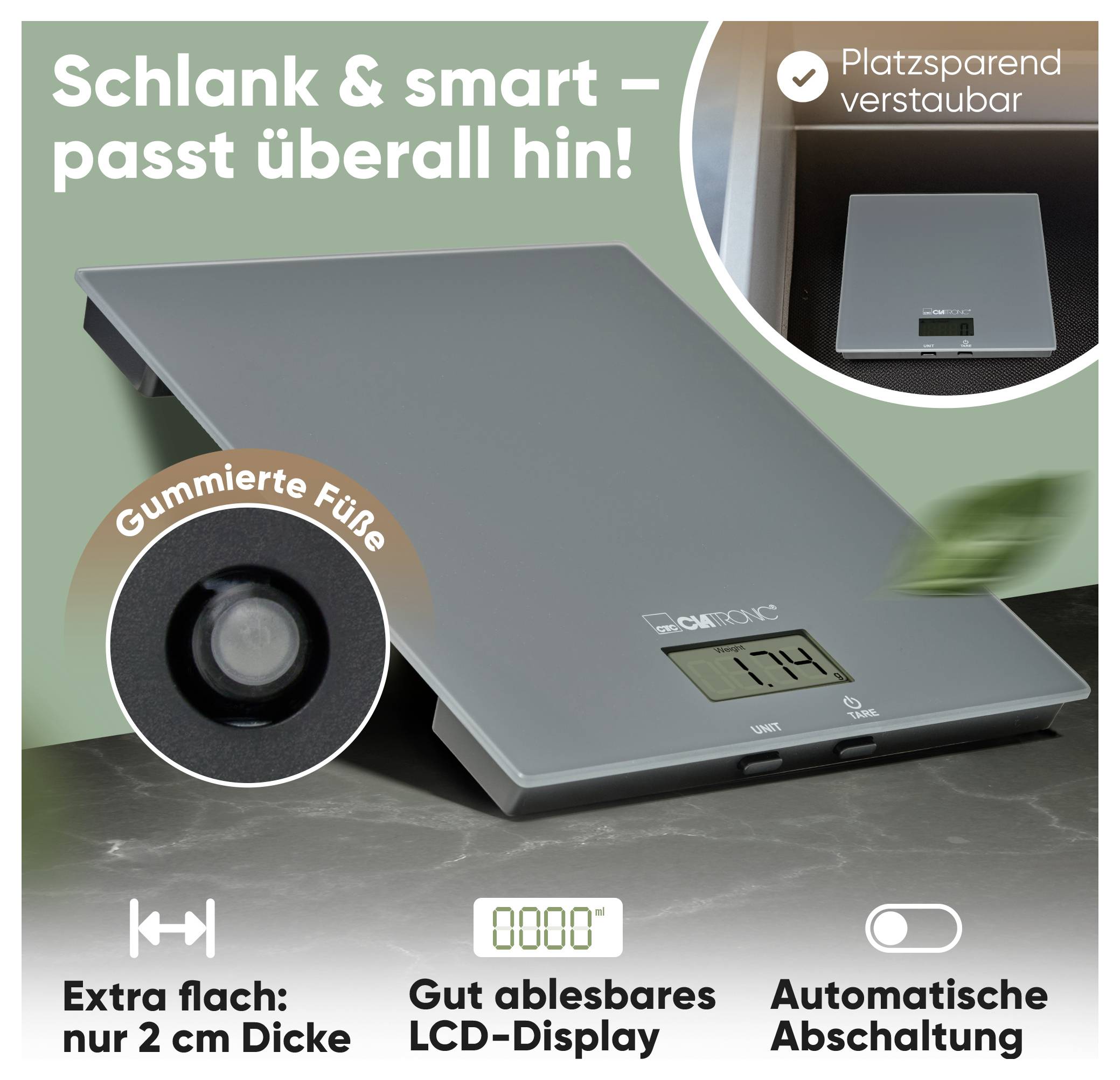 Eine digitale Küchenwaage mit elegantem Design, ausgestattet mit einem leicht ablesbaren LCD-Display, Gummifüßen und automatischer Abschaltfunktion, die als platzsparend beworben wird.