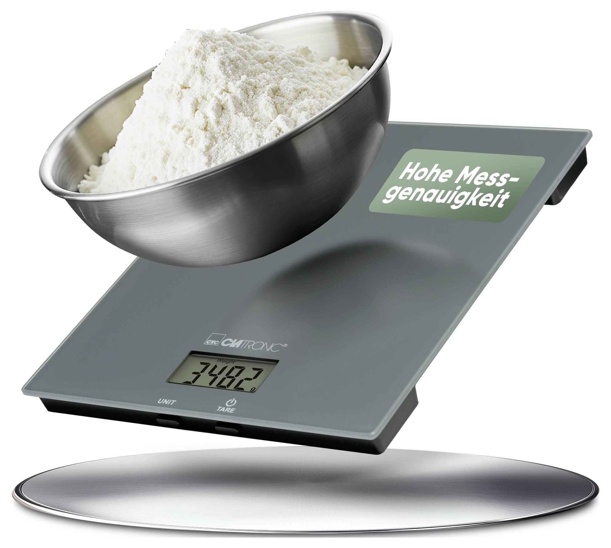 Eine digitale Küchenwaage zeigt '748,2 g' mit einer Schüssel Mehl darauf. Die Waage hat den Text 'Hohe Messgenauigkeit', der eine hohe Genauigkeit anzeigt.