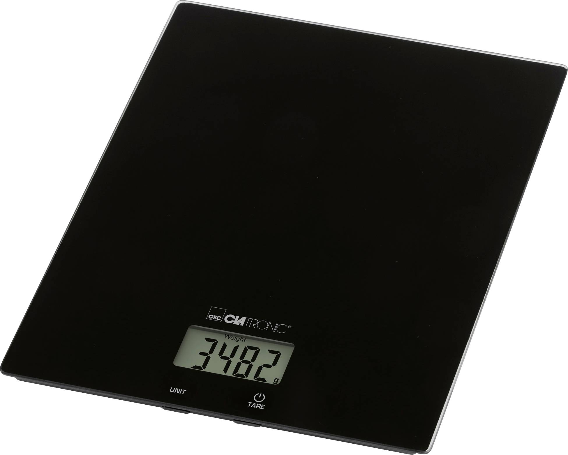 Eine digitale Küchenwaage zeigt ein Gewicht von '348,2' Gramm an. Die Waage ist schwarz und hat eine flache Oberfläche mit zwei Tasten, die mit 'EINHEIT' und 'TARA' beschriftet sind.