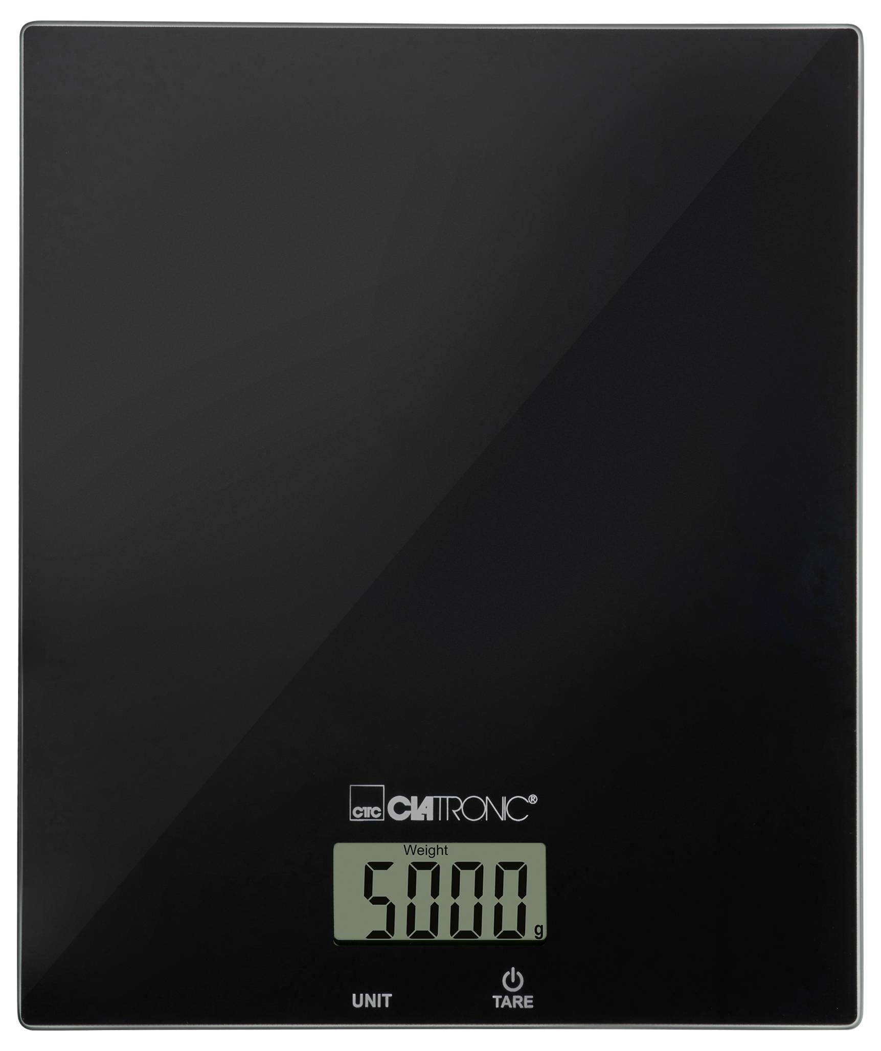 Eine digitale Küchenwaage mit einer schwarzen Oberfläche, auf deren Display '500,0 g' angezeigt wird. Die Waage verfügt über Einheiten- und Tara-Tasten.