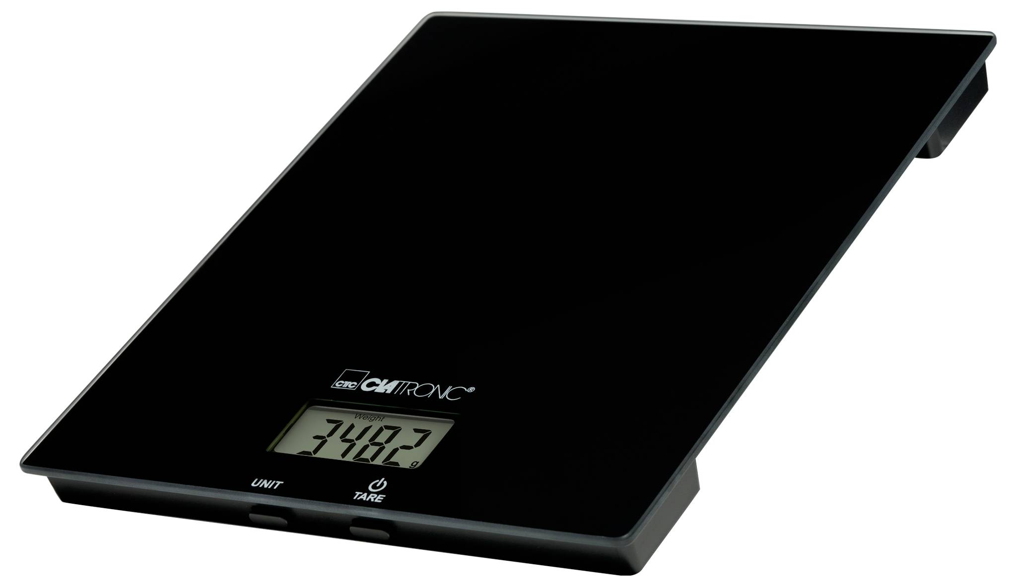 Eine elegante schwarze digitale Küchenwaage, die ein Gewicht von 748,2 Gramm anzeigt. Die Waage verfügt über Tasten mit den Beschriftungen „UNIT
