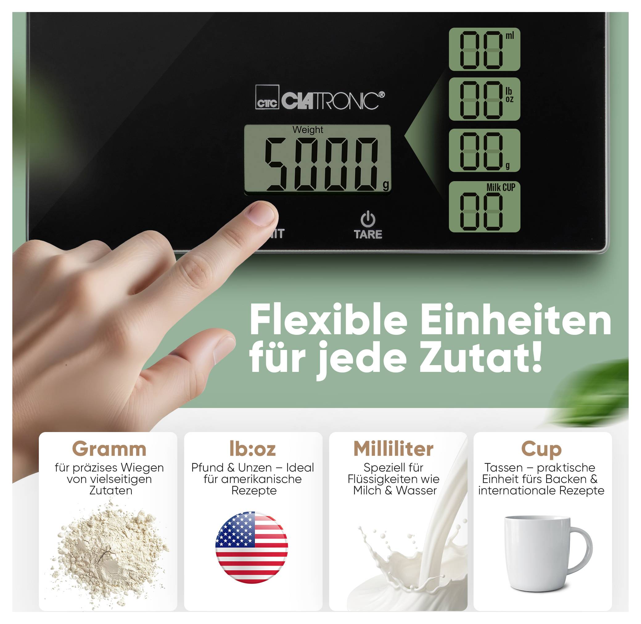 Eine Hand drückt eine digitale Küchenwaage, die '500,0g' anzeigt. Text lautet: 'Flexible Einheiten für jede Zutat!' mit Symbolen für Gramm, Pfund/Unzen, Milliliter und Tassen.