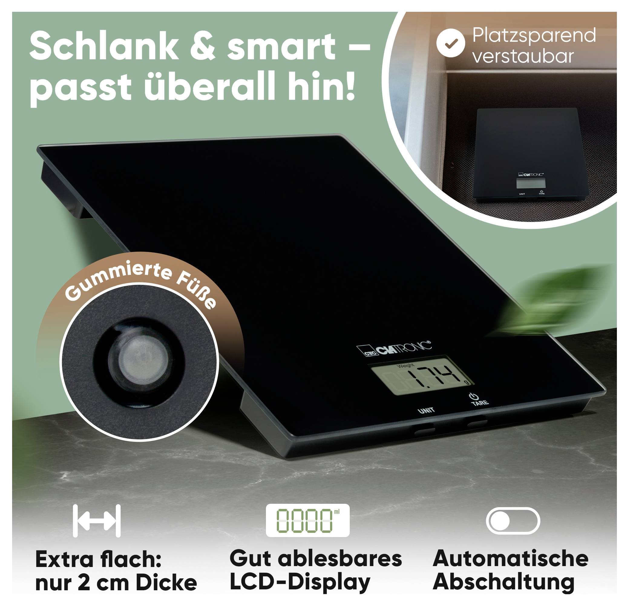 Eine digitale Küchenwaage mit schlankem Design, 'platzsparend verstaubar', mit Funktionen wie einem gut lesbaren LCD-Display und automatischer Abschaltung.
