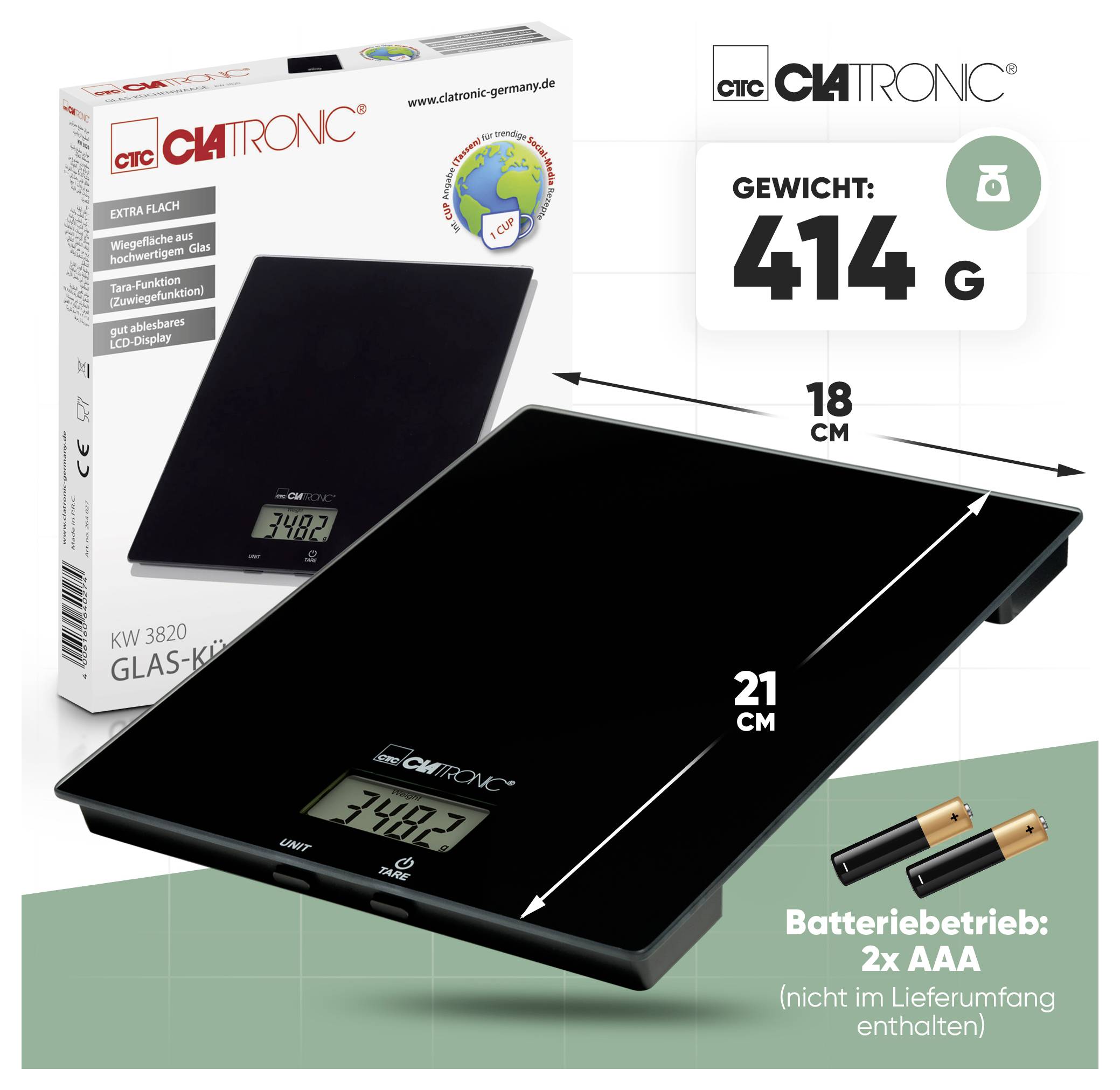 Schwarze digitale Küchenwaage mit LCD-Display, das '74,0 g' anzeigt. Verpackung und Text heben folgende Merkmale hervor: 414 g Gewicht, Größe 18x21 cm, benötigt 2 AAA-Batterien.