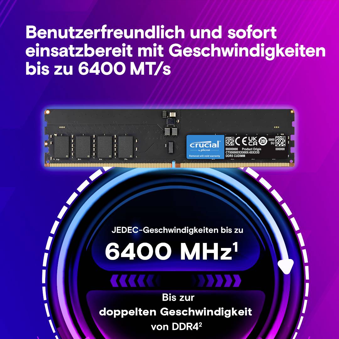 'Benutzerfreundlich und sofort einsatzbereit mit Geschwindigkeiten bis zu 6400 MT/s' steht über einem Bild eines Crucial RAM-Sticks. Darunter Text 'JEDEC-Geschwindigkeit bis zu 6400 MT/s'.