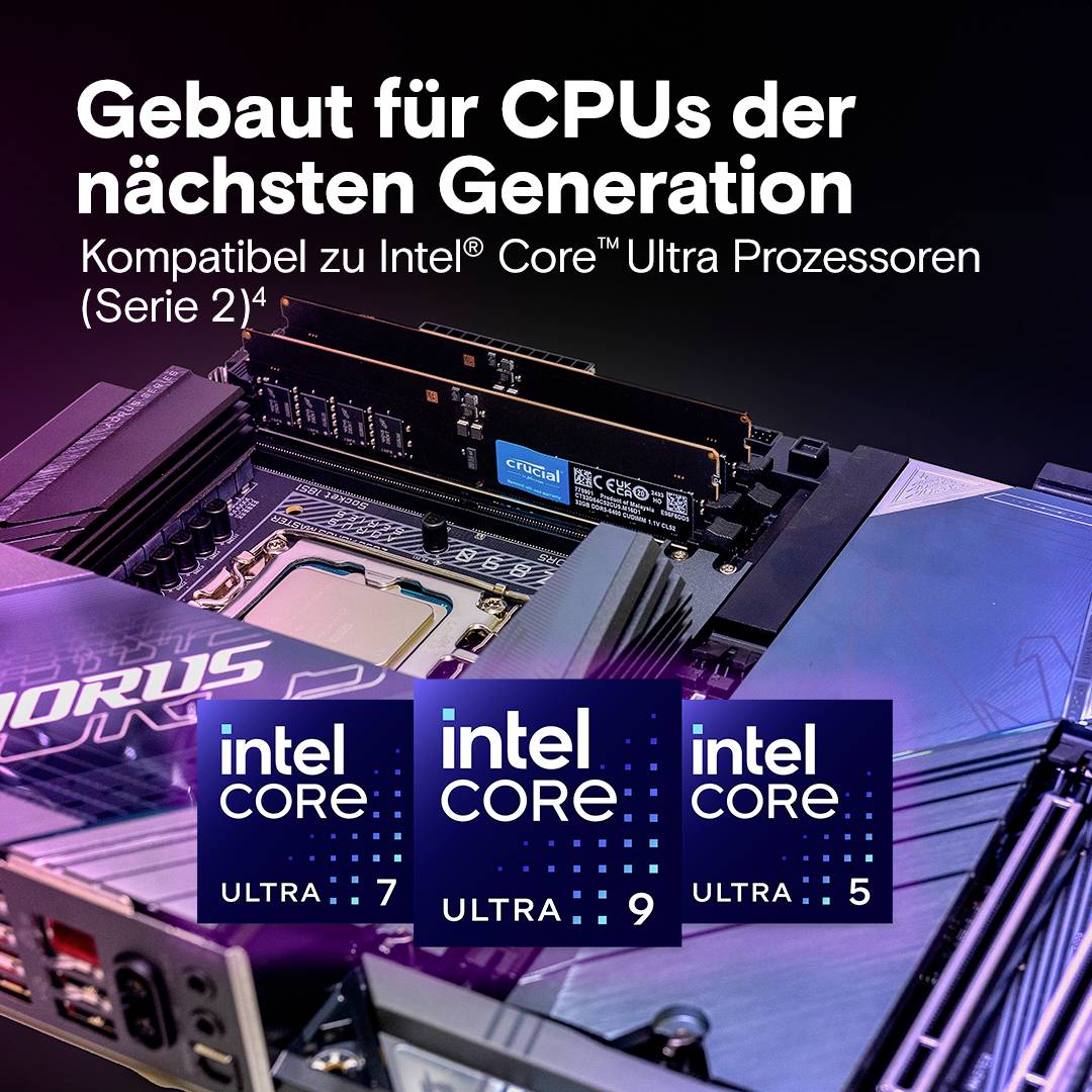 In der Grafik ist ein Motherboard mit einem Intel Core Ultra 7, 9 und 5 Prozessor zu sehen, der Text sagt: 'Gebaut für CPUs der nächsten Generation'.