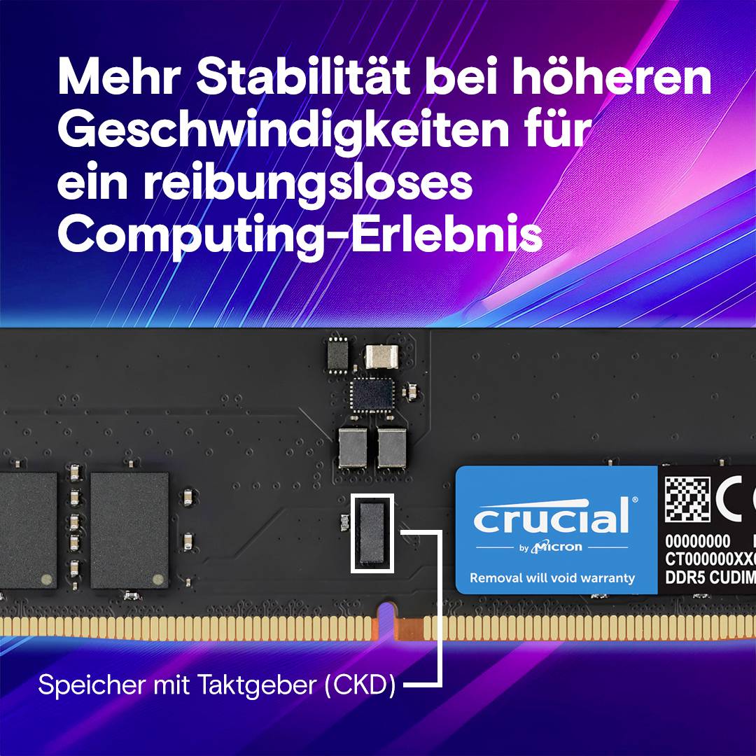 'Mehr Stabilität bei höheren Geschwindigkeiten für ein reibungsloses Computing-Erlebnis.' Nahaufnahme eines Crucial DDR5-RAM-Moduls.