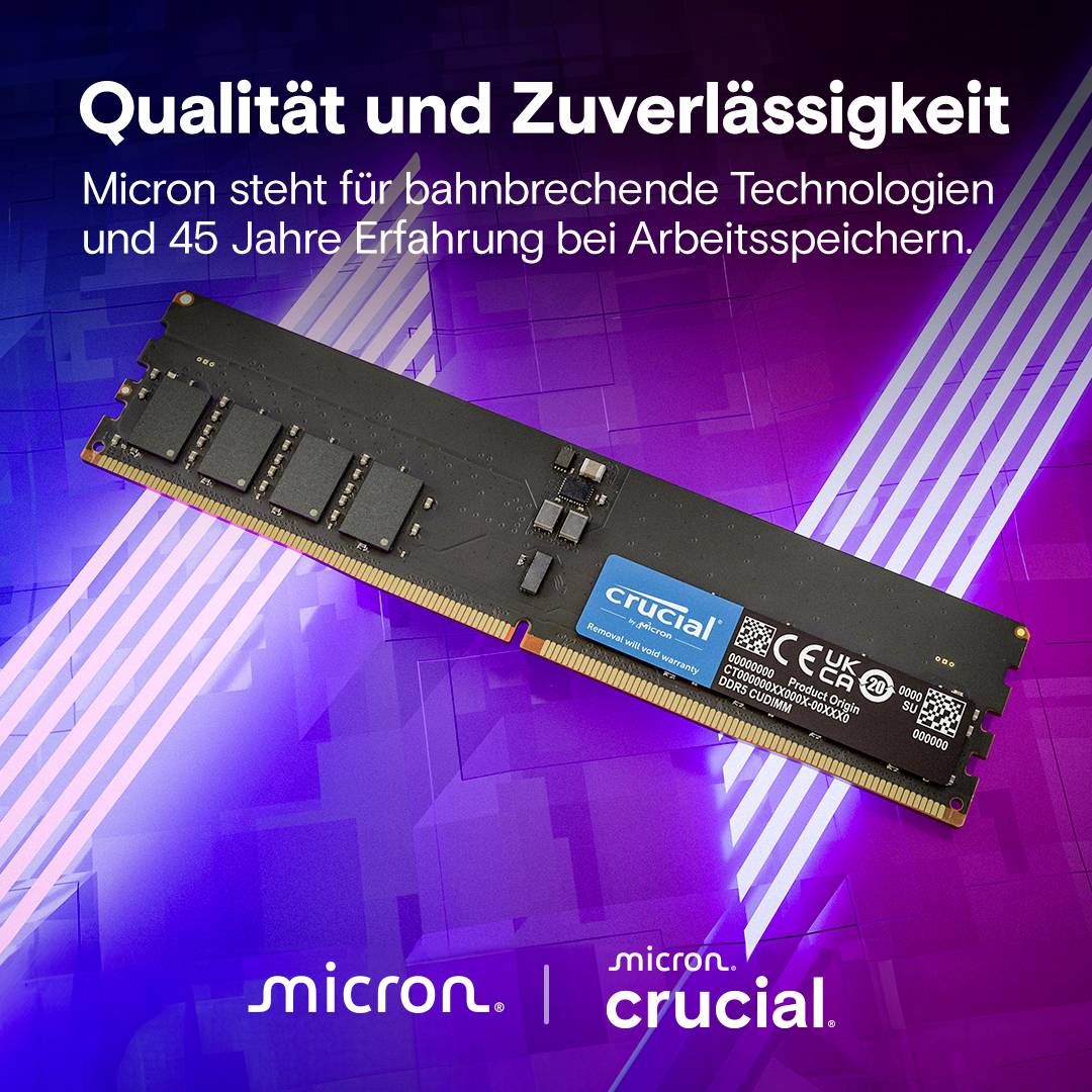 'Qualität und Zuverlässigkeit. Micron steht für bahnbrechende Technologien und 45 Jahre Erfahrung bei Arbeitsspeichern.' Ein Crucial-Arbeitsspeichermodul.