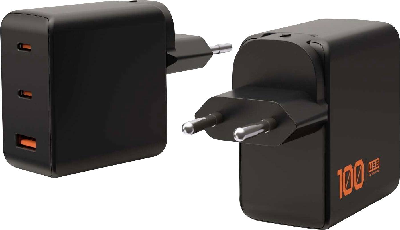 Zwei schwarze USB-Wandladegeräte mit jeweils drei USB-Anschlüssen und der Zahl '100' in Orange, die die Leistungskapazität anzeigt. Europäische Zweipinnen-Stecker.