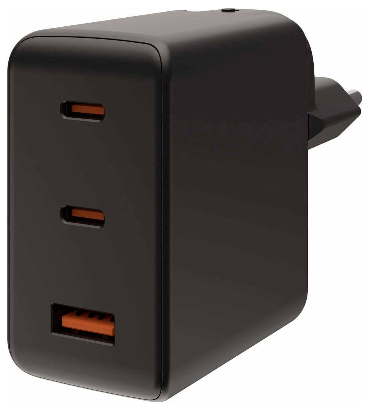Ein schwarzer Multiport-USB-Wandladegerät mit zwei USB-C-Anschlüssen und einem USB-A-Anschluss, der für effizientes Aufladen elektronischer Geräte konzipiert ist.