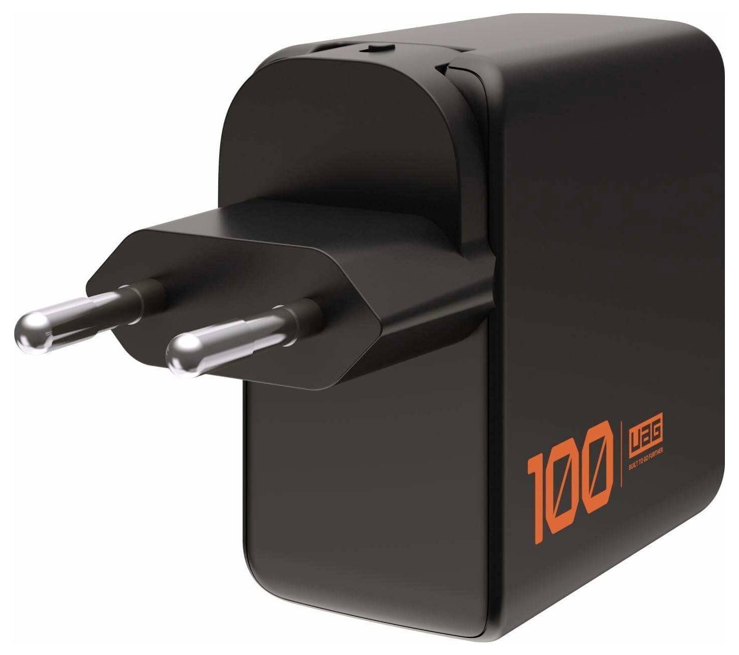 Ein schwarzer USB-Wandladegerät mit zwei Stiften und einem orangefarbenen Etikett mit der Aufschrift 