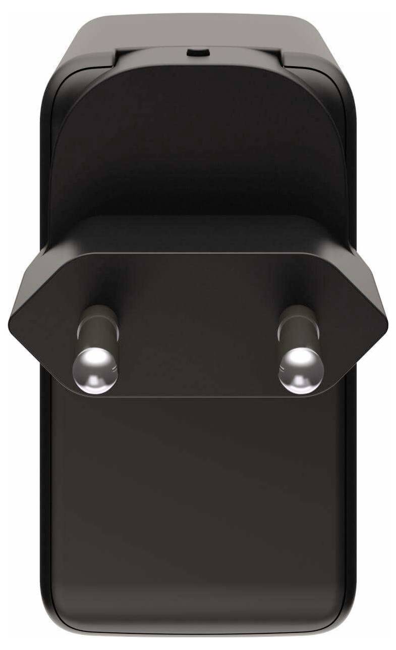 Ein schwarzer Zwei-Stift-Steckeradapter, von oben betrachtet, der beide Stifte zeigt.