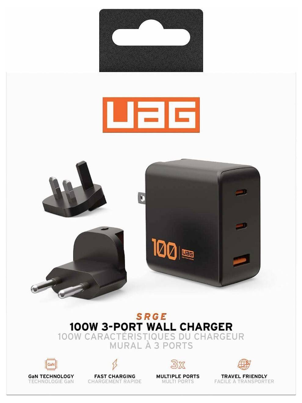Verpackung für den UAG 100W 3-Port Wandladegerät, zeigt das Ladegerät und Steckeradapter. Hebt Funktionen wie Schnellladen und Tragbarkeit hervor.