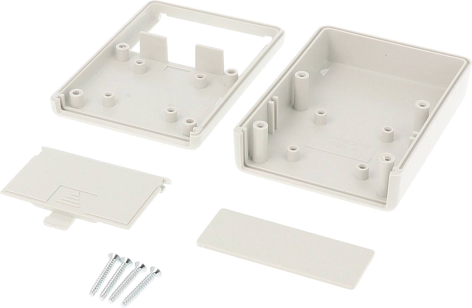 Elektronisches Kunststoffgehäuse mit abnehmbarem Deckel und vier Schrauben, das eine rechteckige Form und Öffnungen für Montagebauteile aufweist.
