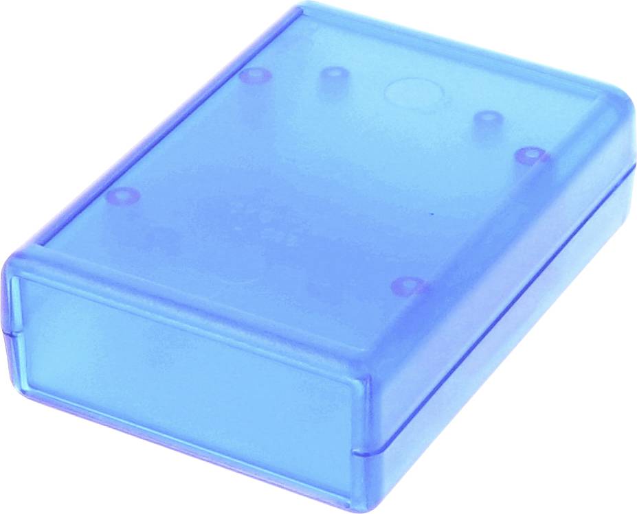 Eine blaue, durchscheinende Plastikbox mit abgerundeten Kanten, von einem Winkel aus betrachtet, die ihre kompakte, rechteckige Form und den leichten Innenschatten zeigt.