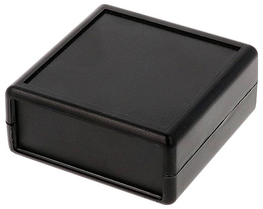 Eine kleine, quadratische schwarze Kunststoffbox mit glatten Kanten, von einem Winkel aus betrachtet, wahrscheinlich ein generischer Behälter oder ein elektronisches Gehäuse.