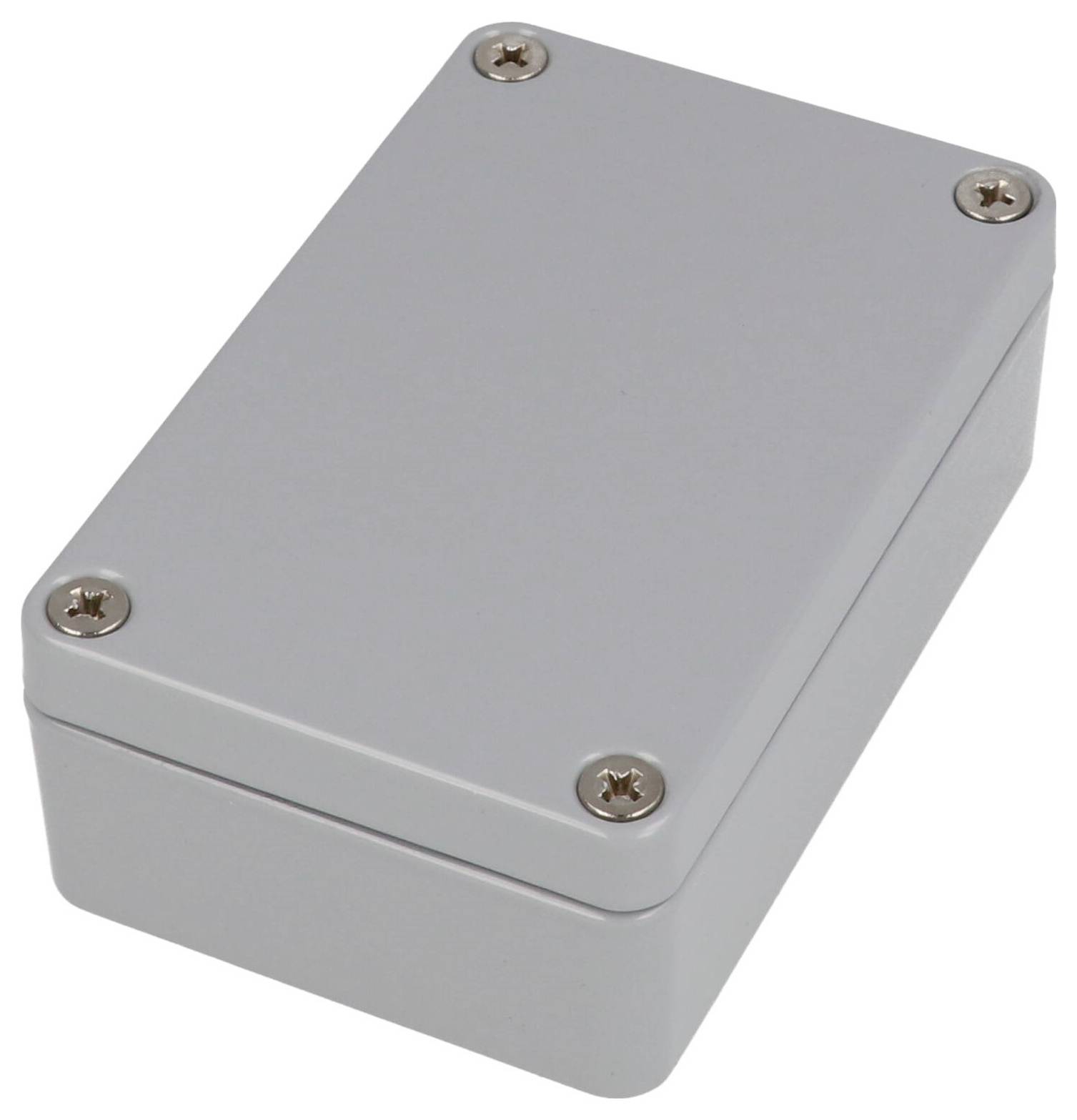 Ein kleines, rechteckiges, graues Metallgehäuse mit abgerundeten Ecken und vier Schrauben, das üblicherweise zur Unterbringung elektronischer Bauteile verwendet wird.