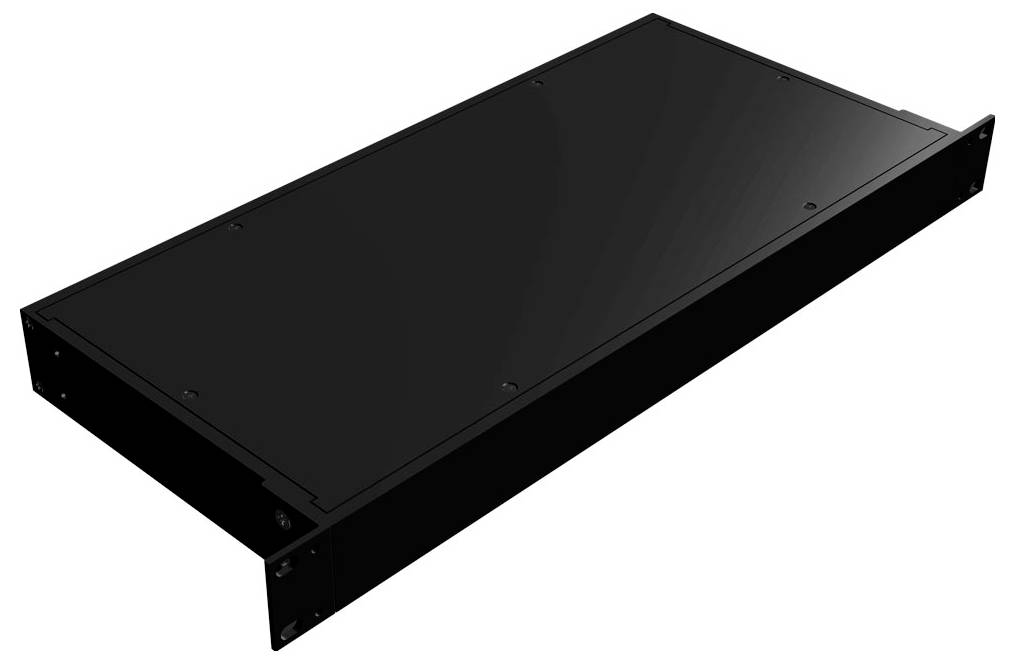 Ein schwarzes, rechteckiges Metallregal zum Einbau in ein Servergestell, das zum Montieren und Organisieren von elektronischen Geräten verwendet wird.