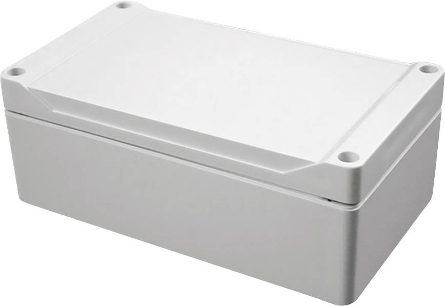 Rechteckige weiße Kunststoffgehäusebox mit abgerundeten Ecken und Schraubenlöchern an jeder Ecke, entwickelt zur Aufnahme von elektronischen Komponenten.