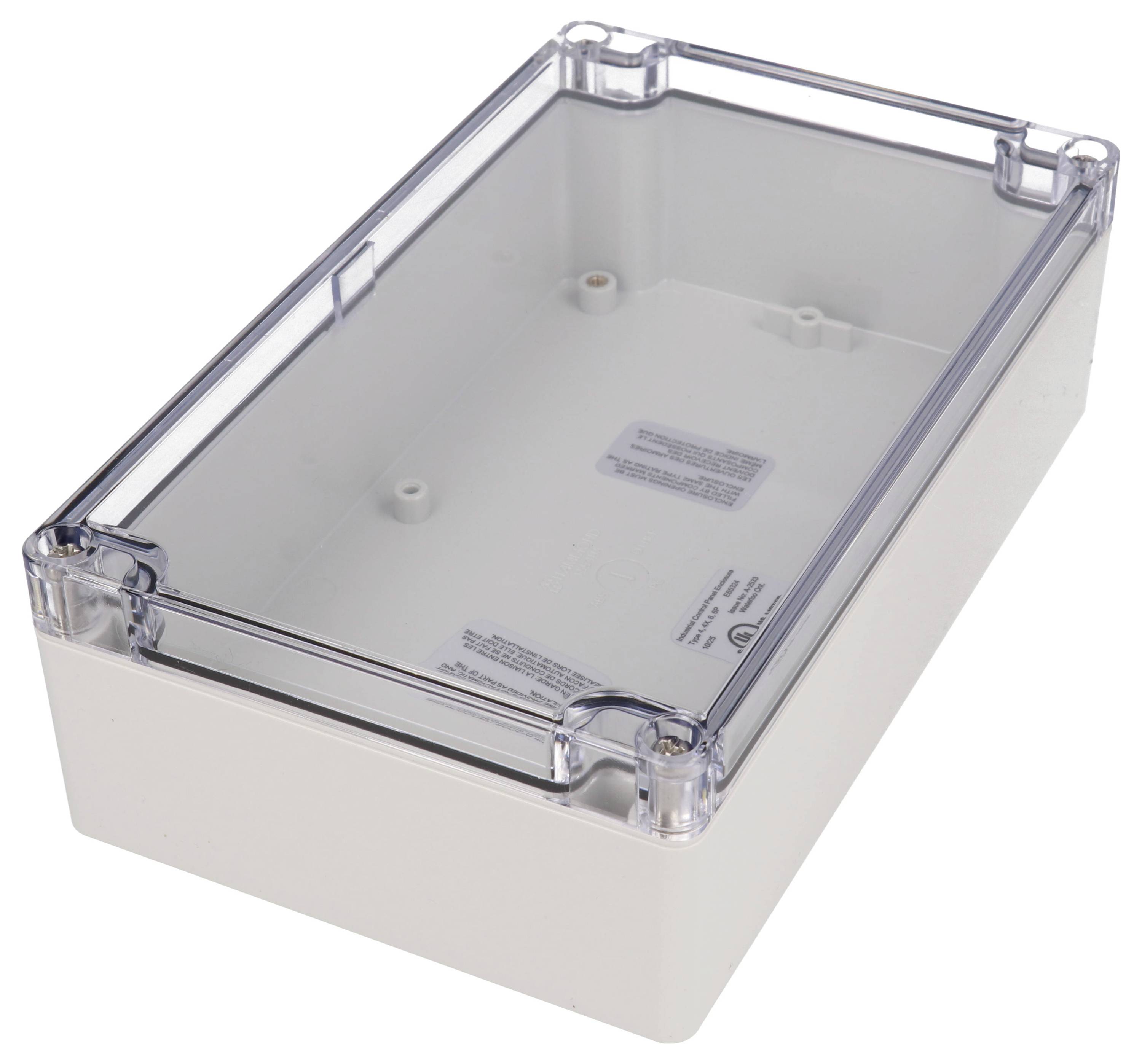 Rechteckiges weißes Kunststoffgehäuse mit transparentem Deckel, sichtbare Schraubenbefestigungen an den Ecken. Verwendet zum Unterbringen und Schutz von elektronischen Bauteilen.