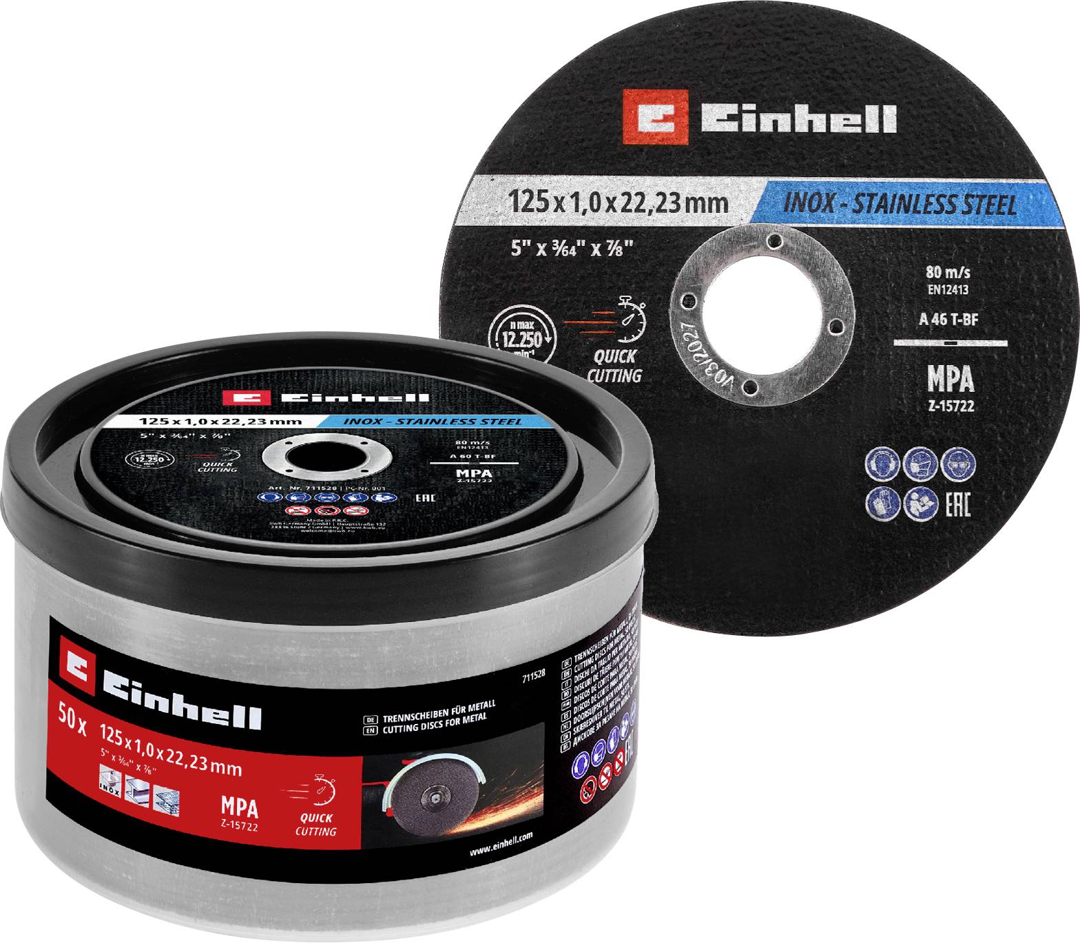 Einhell 711528 Trennscheiben-Set 125mm 50 St. Metall, Edelstahl, Stahl, Blech