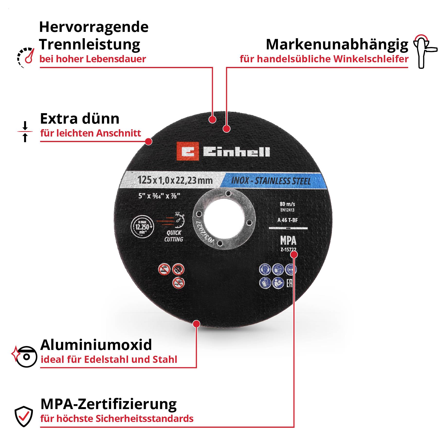Schleifscheibe 'Einhell', 125x1,0x22,23 mm, ideal für Edelstahl und Stahl, MPA-zertifiziert, markenunabhängig, extra dünn.