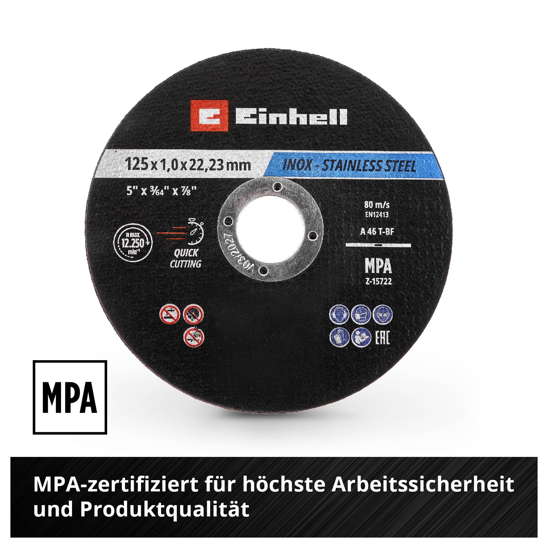 Rot-schwarze kabellose Winkelschleifer, Marke Einhell, mit einer Schneidscheibe. Text: Markenunabhängig für gebräuchliche Winkelschleifer mit 80 m/s Umfangsgeschwindigkeit.