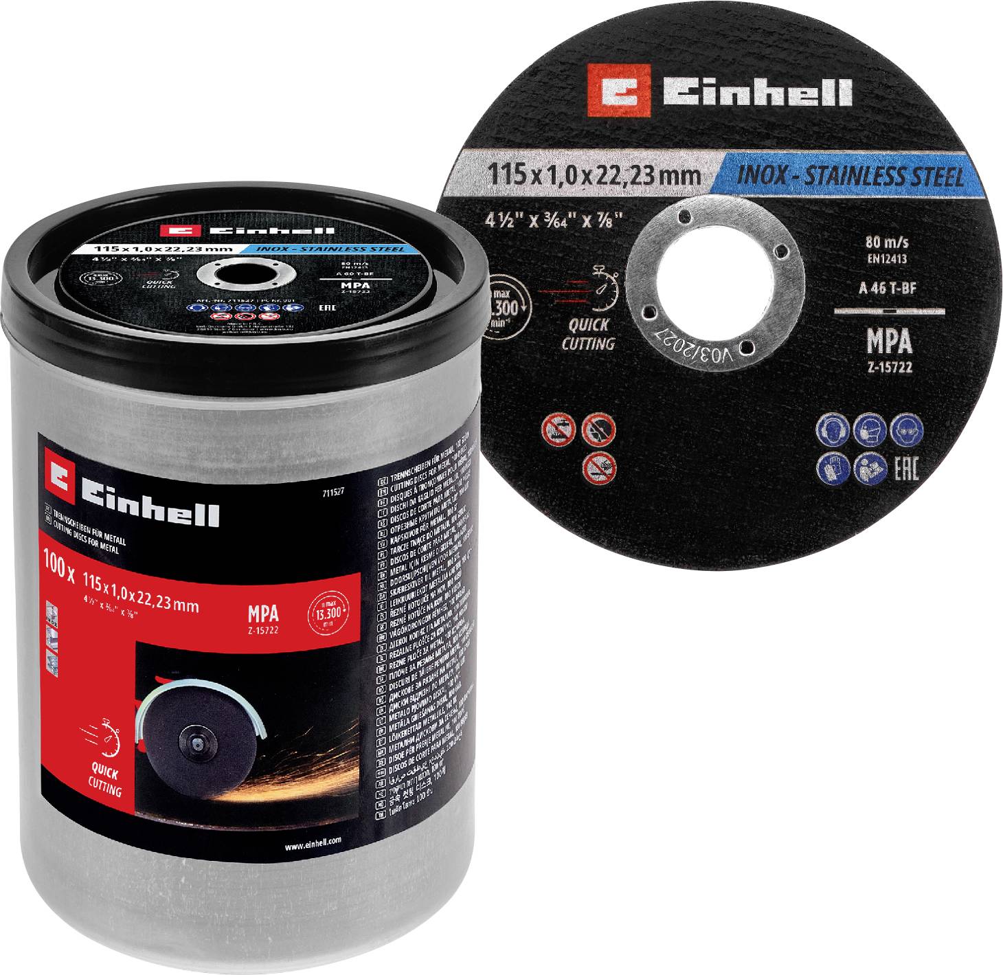 'Einhell' branded circular cutting disc for stainless steel, labeled as 115 x 1.0 x 22.23 mm. Displayed with a container of multiple discs.