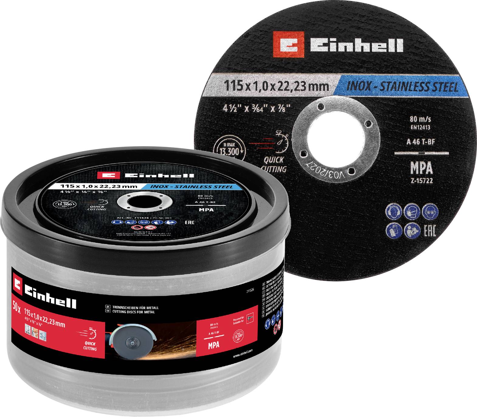 'Einhell' 115mm stainless steel cutting disc shown in packaging, highlighting quick cutting capabilities for high precision work.